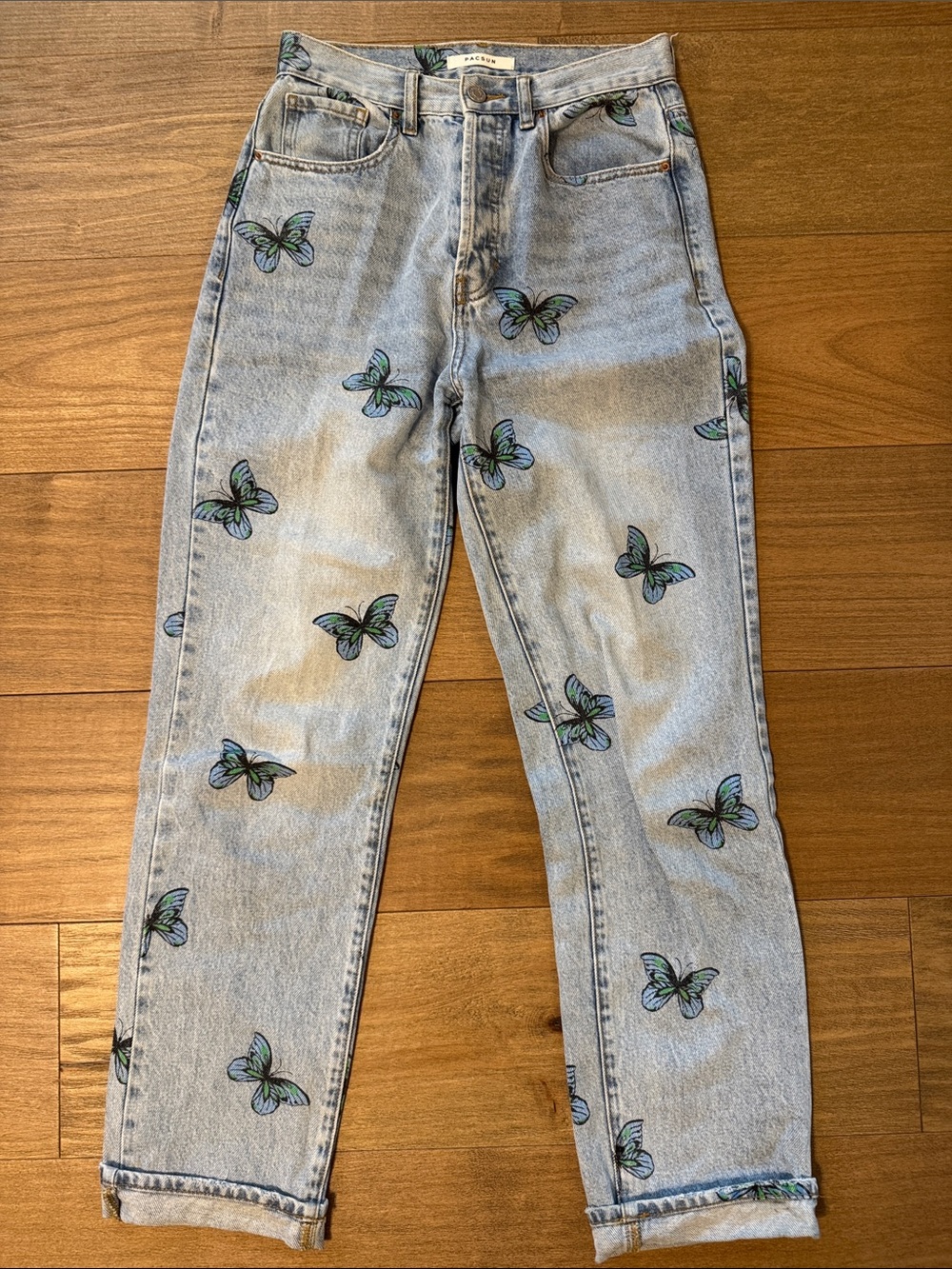 PacSun Light Wash Straight Leg Jeans with Blue & Green Butterfly Print